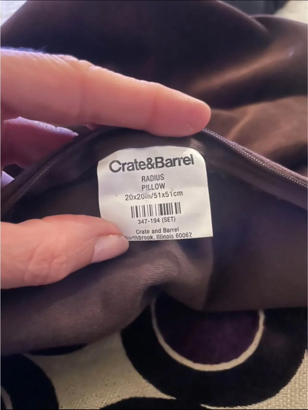 Crate&Barrel Purple and Cream Geometric Circle pillow cover.